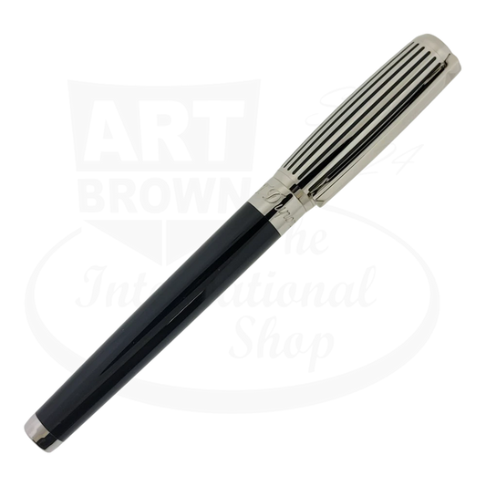 Capped S.T. Dupont Elysee fountain pen with black lacquer, palladium and hand laid palladium stripes on the cap. 