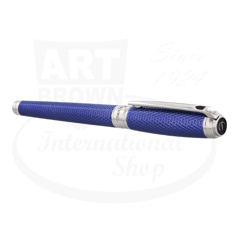 S.T. Dupont Line D 412001L rollerball pen in ocean blue brass with palladium trim, featuring Firehead guilloche pattern under lacquer finish