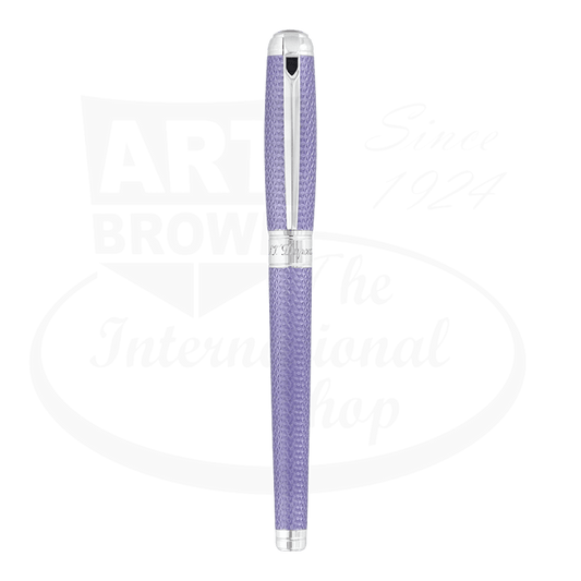 S.T. Dupont Line D 412000L brass rollerball pen in lilac lacquer with palladium trim, featuring Firehead guilloche pattern and luxury matt finish