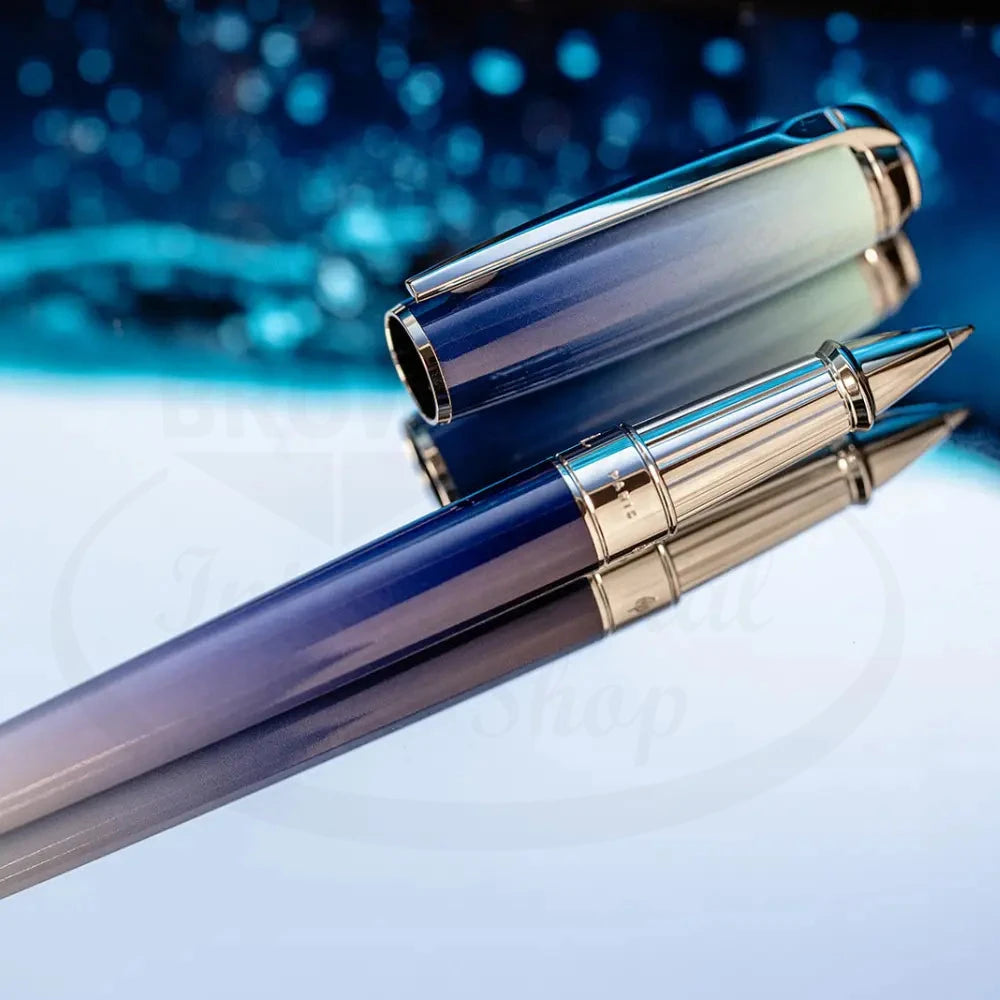 S.T. Dupont Line D Large La Mer Blue Lacquer & Palladium Rollerball Pen with gradient blue lacquer and palladium trim.