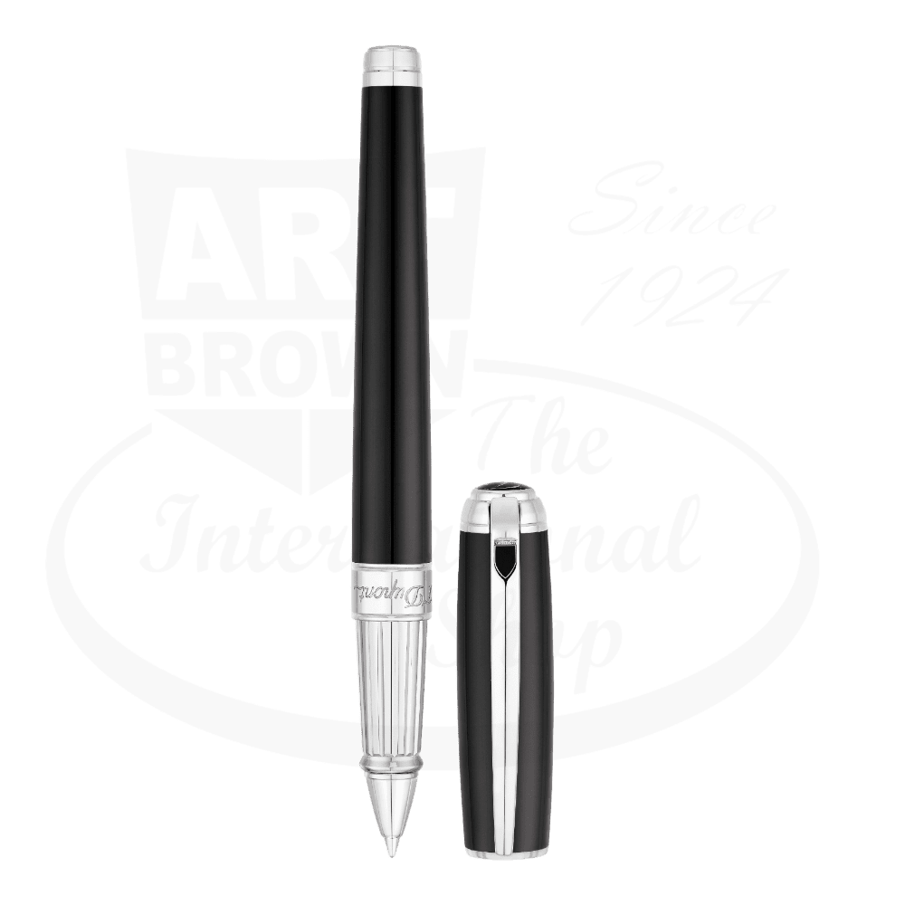 S.T. Dupont Line D 412100L black lacquer and palladium rollerball pen featuring sleek barrel, decorative cap with heart emblem, metal construction