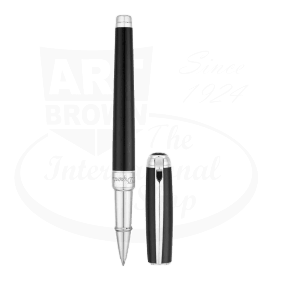S.T. Dupont Line D Black Lacquer & Palladium Medium Rollerball Pen 412100M sleek black lacquer barrel with palladium accents