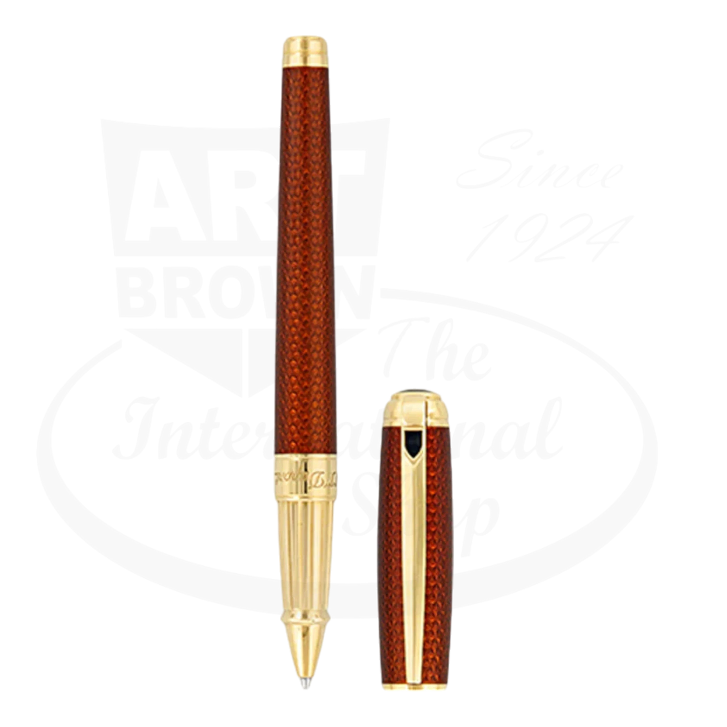 S.T. Dupont Line D 412111L brass rollerball pen featuring amber lacquered guilloche pattern with gold-tone accents and ribbed barrel design