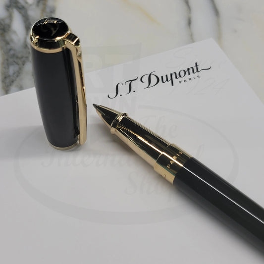 S.T. Dupont Elysee Large Black Lacquer & Gold Rollerball Pen 412574 with gold-plated trim and cap off