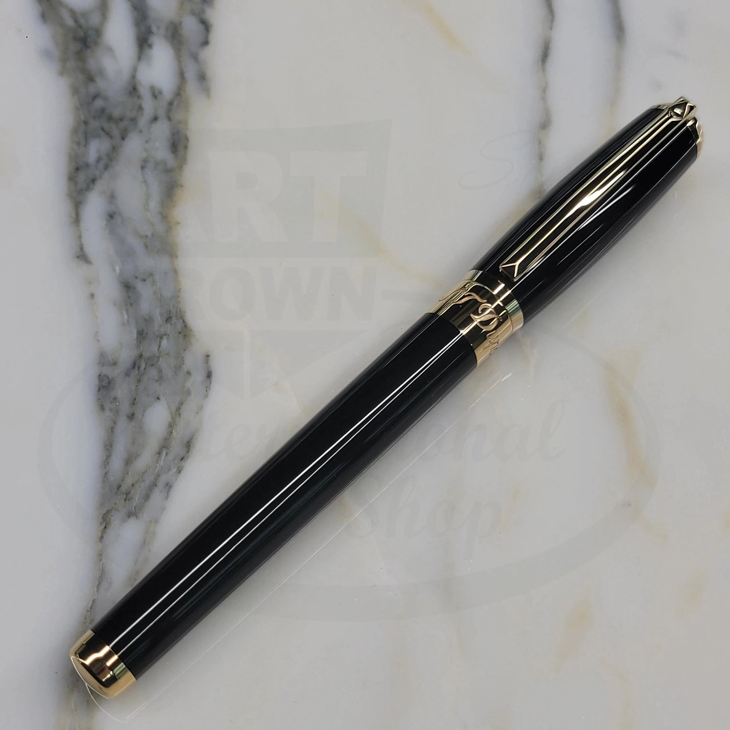 S.T. Dupont Elysee Large Black Lacquer & Gold Rollerball Pen 412574 with gold trim and lacquered black body