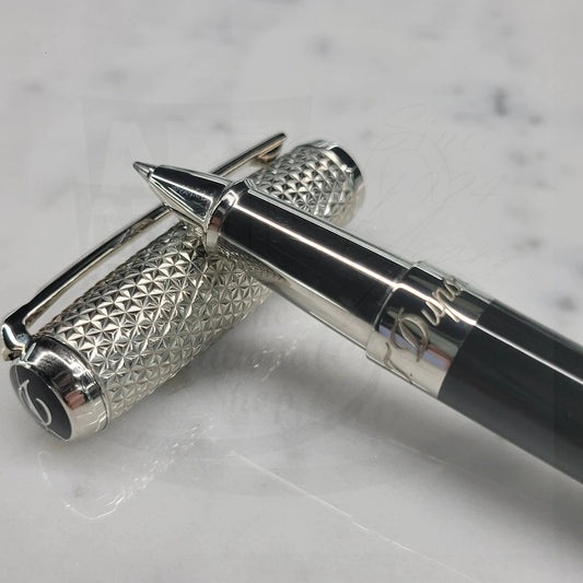 S.T. Dupont Elysee rollerball pen 412704 with natural black lacquer barrel and palladium guilloche engraved cap