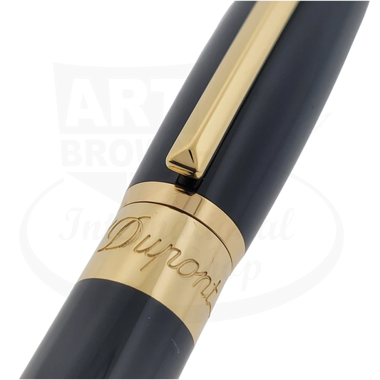 S.T. Dupont Elysee Black and Gold .7mm Mechanical Pencil with black lacquer and gold-plated metal accents, sleek design.