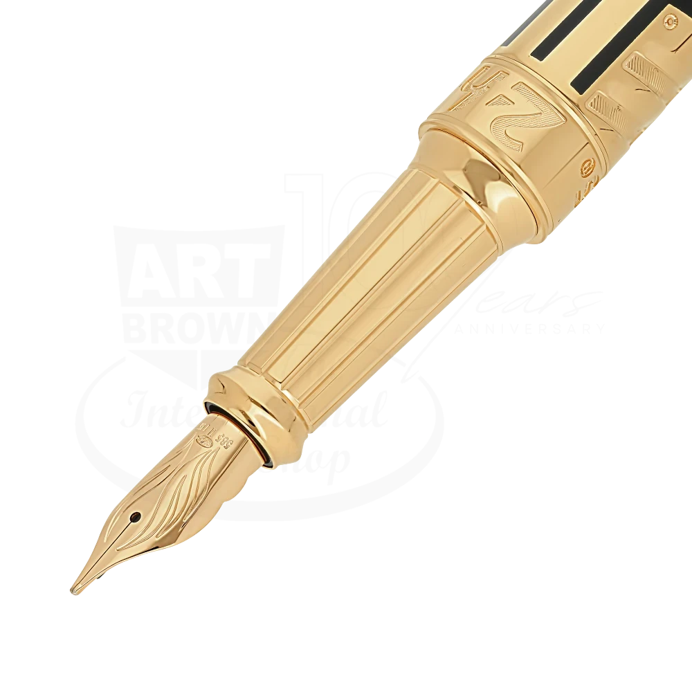 Close-up of a gold fountain pen nib and barrel with engraved details, representing luxury craftsmanship.