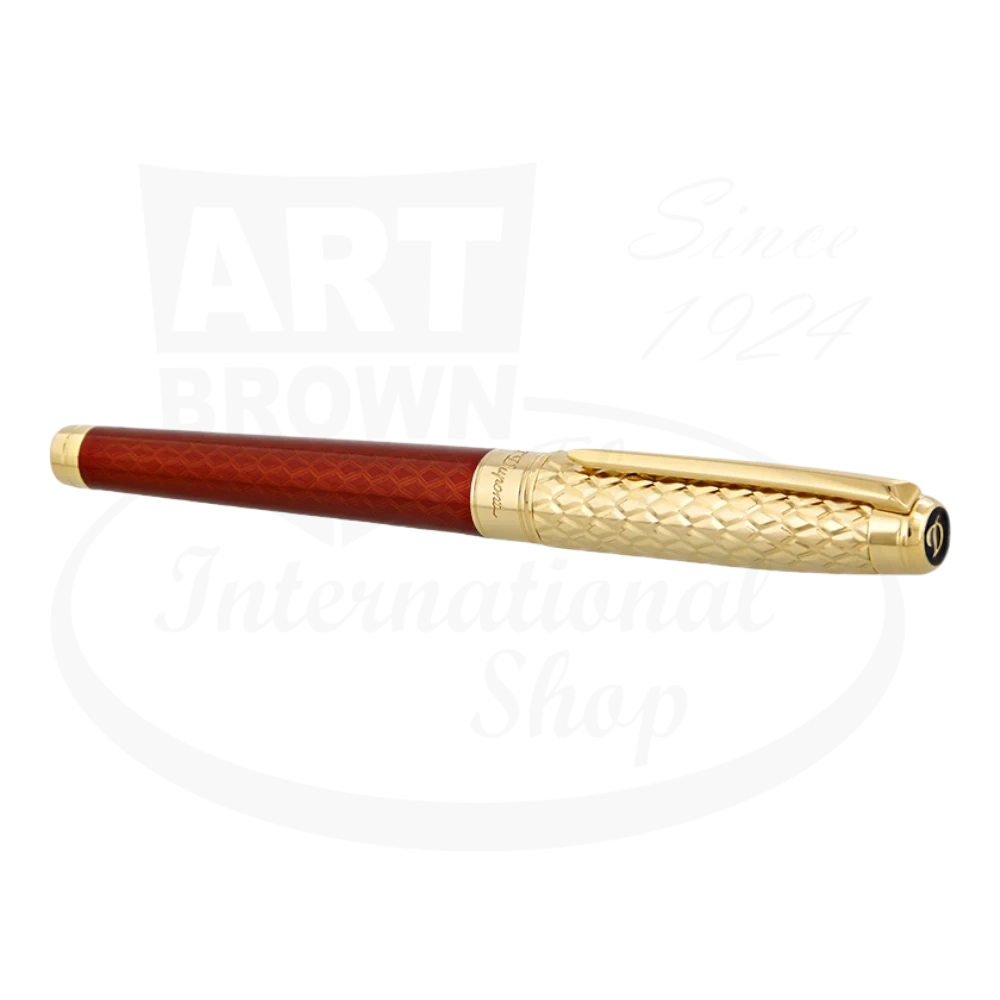 S.T. Dupont Dragon Guilloche red fountain pen, seen from the side with cap on.