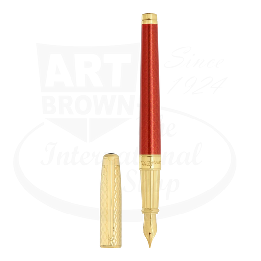 S.T. Dupont Dragon Guilloche red fountain pen, opened standing aside cap.