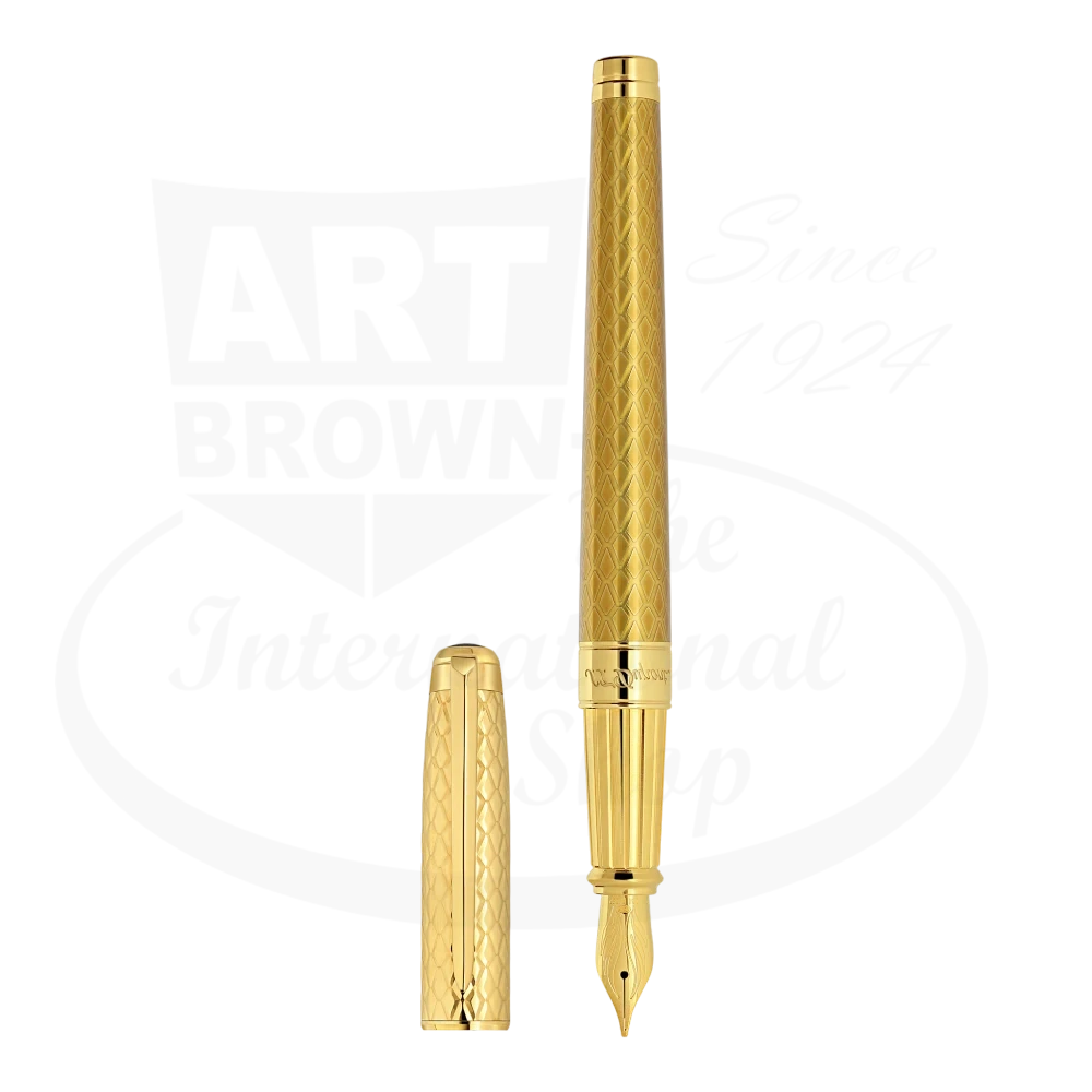 S.T. Dupont Line D Eternity 420029L brass fountain pen with dragon scale guilloche pattern in honey gold finish, featuring 14K gold nib