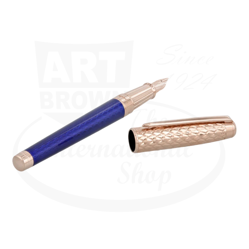 S.T. Dupont Line D Eternity 420030L fountain pen featuring blue lacquer barrel, rose gold-plated dragon scale pattern cap, and 14K gold nib
