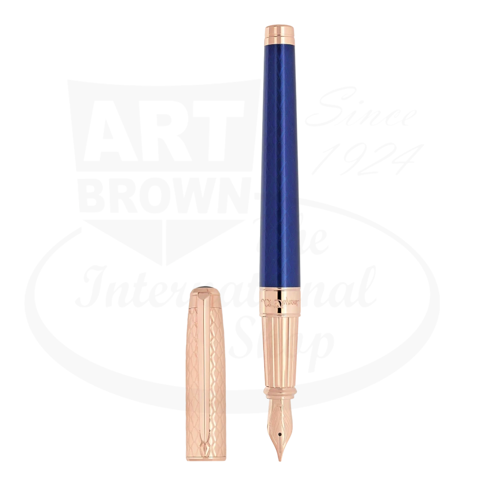 S.T. Dupont Line D Eternity 420030L fountain pen featuring blue lacquer barrel, rose gold-plated trim, dragon scale guilloche pattern, 14K gold nib