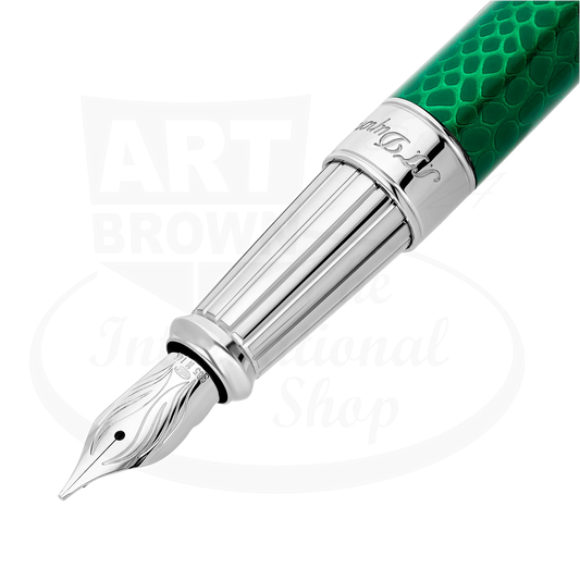 Close up view of engraving on 14K gold nib on S.T. Dupont Line D Eternity Year of The Snake Green fountain pen with snake scale guilloche under green lacquer, 420078L.