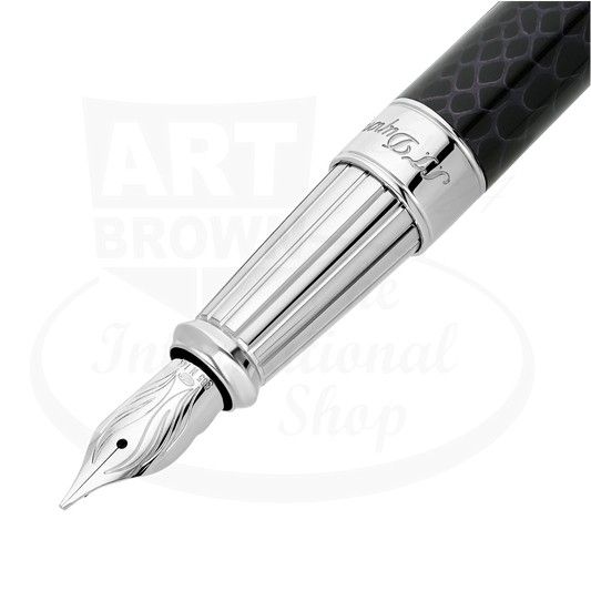 Close up view of engraving on 14K gold nib on S.T. Dupont Line D Eternity Year of The Snake Black fountain pen with snake scale guilloche under black lacquer, 420079L.