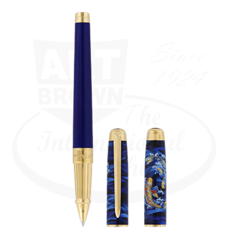 S.T. Dupont Line D 422005L rollerball pen in lacquered navy blue and gold trim, featuring Japanese Koi fish design on barrel and cap