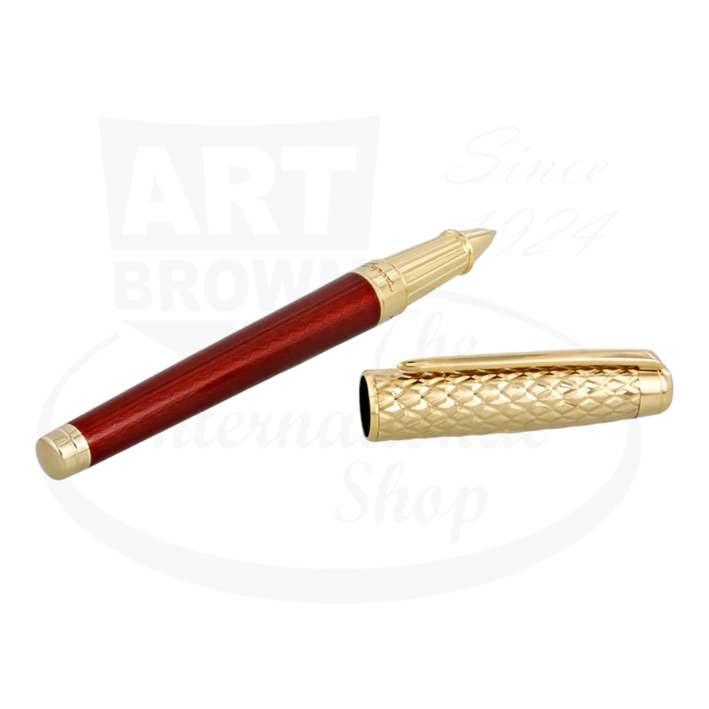 S.T. Dupont Line D Eternity 422028L rollerball pen featuring burgundy lacquer barrel with gold-plated dragon scale guilloche pattern cap and trim