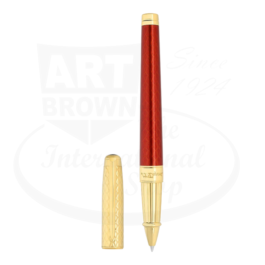 S.T. Dupont Line D Eternity 422028L brass rollerball pen featuring burgundy lacquer body with dragon scale guilloche pattern and gold-plated trim elements
