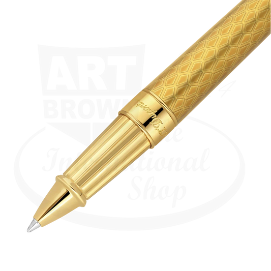 ST Dupont Line D Eternity 422029L brass and lacquer rollerball pen featuring honey-gold guilloche dragon scale pattern with polished gold-plated trim and cap