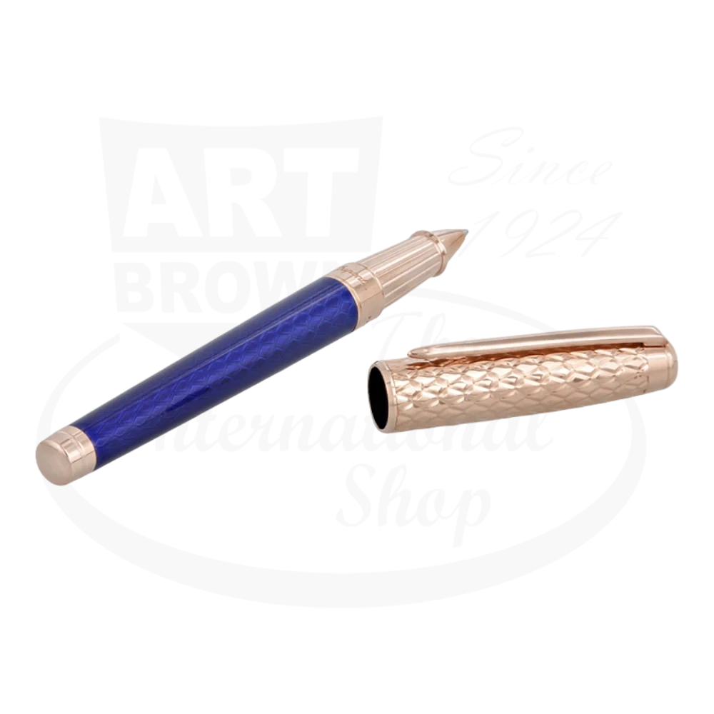 S.T. Dupont Line D Eternity 422030L rollerball pen featuring blue lacquer barrel and rose gold dragon scale guilloche pattern cap and trim