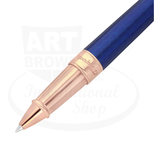 S.T. Dupont Line D 422030L rollerball pen featuring blue lacquer barrel with dragon scale guilloche pattern and rose gold trim accents