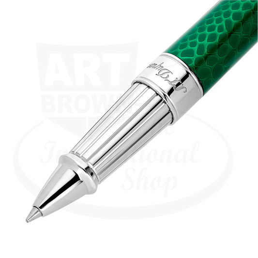 Close up detail of pen grip section on S.T. Dupont Line D Eternity Year of the Dragon Rollerball pen, with snake-scale guilloche under vibrant green lacquer, 422078L.