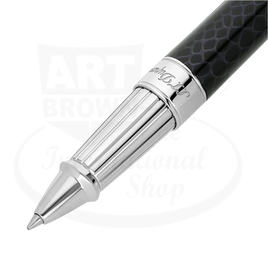 Close up detail of pen grip section on S.T. Dupont Line D Eternity Year of the Dragon Rollerball pen, with snake-scale guilloche under luxurious black lacquer, 422079L.