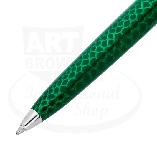 Close up of ballpoint pen tip on S.T. Dupont Year of the Dragon Green ballpoint pen with snake scale guilloche under lacquer, 425078L.