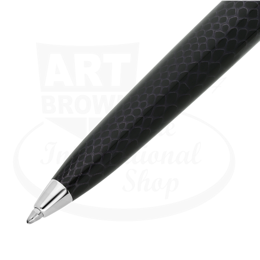 Close up of ballpoint pen tip on S.T. Dupont Year of the Dragon Black ballpoint pen with snake scale guilloche under lacquer, 425079L.