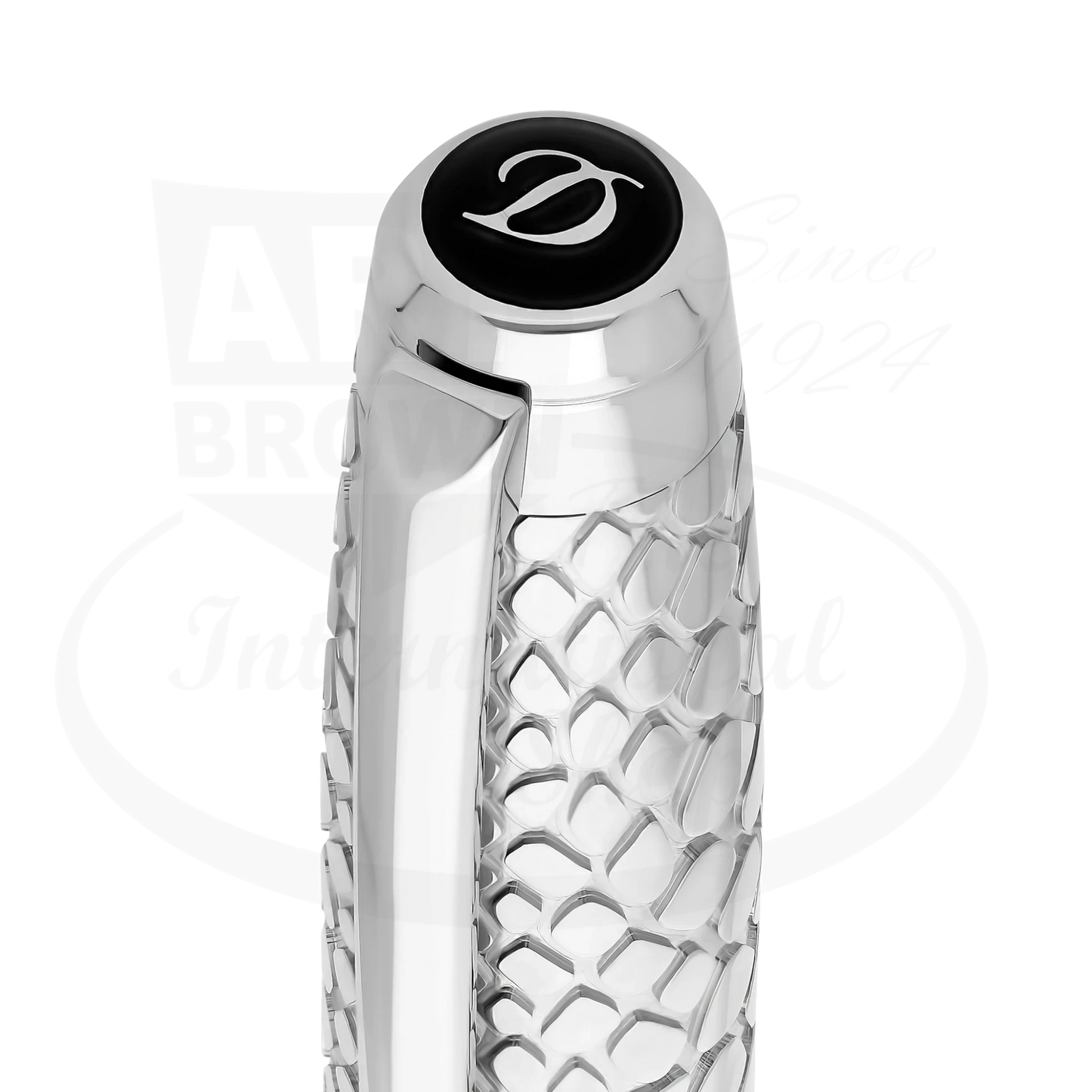 Close up of snake scale guilloche on pen cap on S.T. Dupont Year of the Dragon Black ballpoint pen with snake scale guilloche under lacquer, 425079L.