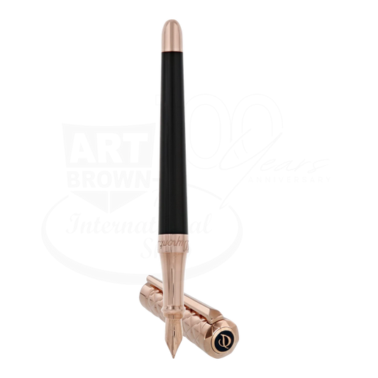 S.T. Dupont Liberte fountain pen in black lacquer and rose gold with exposed 14K gold nib and cap behind