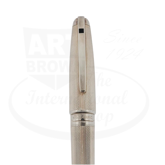 S.T. Dupont Olympio 481101M silver-plated fountain pen featuring barley grain texture pattern, 18K gold nib, classic cylindrical body design