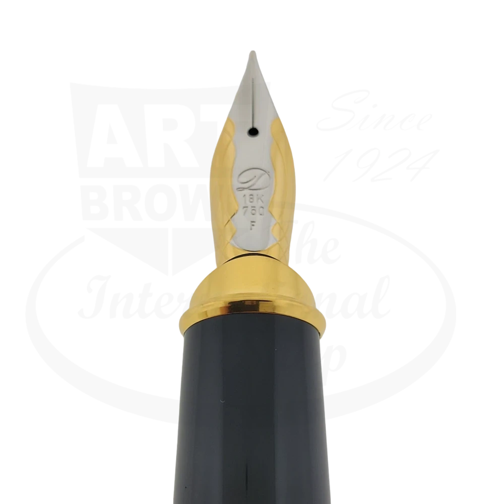 Detailed view of the 18K gold nib of the S.T. Dupont Extra Large Olympio Fountain Pen, featuring a 'F' denoting a fine nib