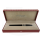 Elegant S.T. Dupont Extra Large Olympio Fountain Pen with black lacquer and palladium finish presented in an open red and beige branded box.