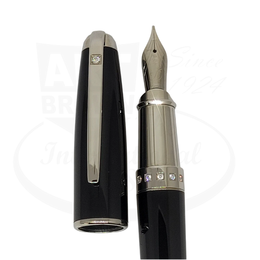 S.T. Dupont Olympio XL Diamond Fountain Pen 481675M black lacquer palladium with 18K gold nib and diamond accents