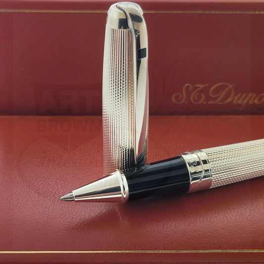 S.T. Dupont Olympio 482101 silver plated barley grain rollerball pen with black lacquer grip and polished accents