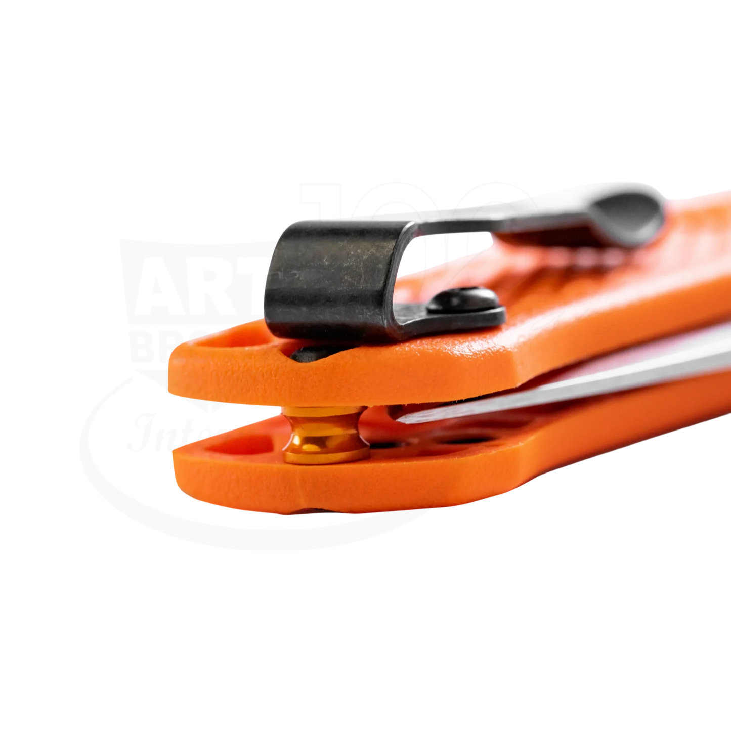 Benchmade Mini Bugout® Orange Grivory® Drop-point close-up showing textured handle and black clip detail