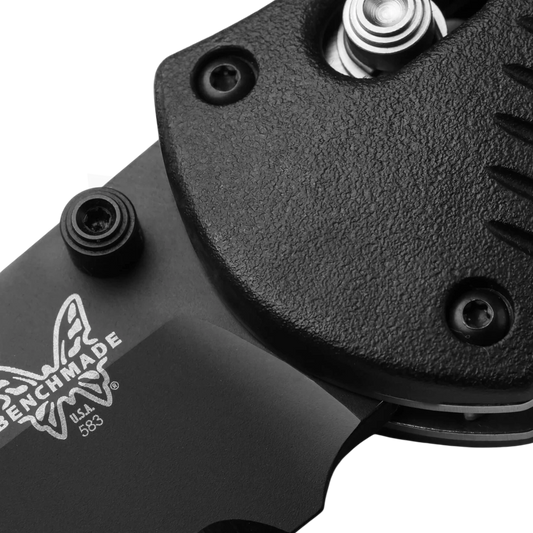 Close-up gallery 2 of Benchmade Barrage Black Valox® Assisted Serrated Tanto showing textured handle and blade details in square format