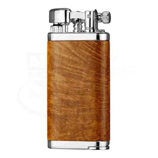 IM Corona 64 Old Boy briarwood lighter with brown wood body and polished chrome top and base