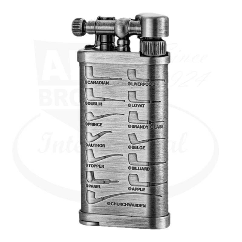 IM Corona Old Boy Silver Pipe-Design lighter, antique silver plated metal with engraved classic pipe bowl shapes guide