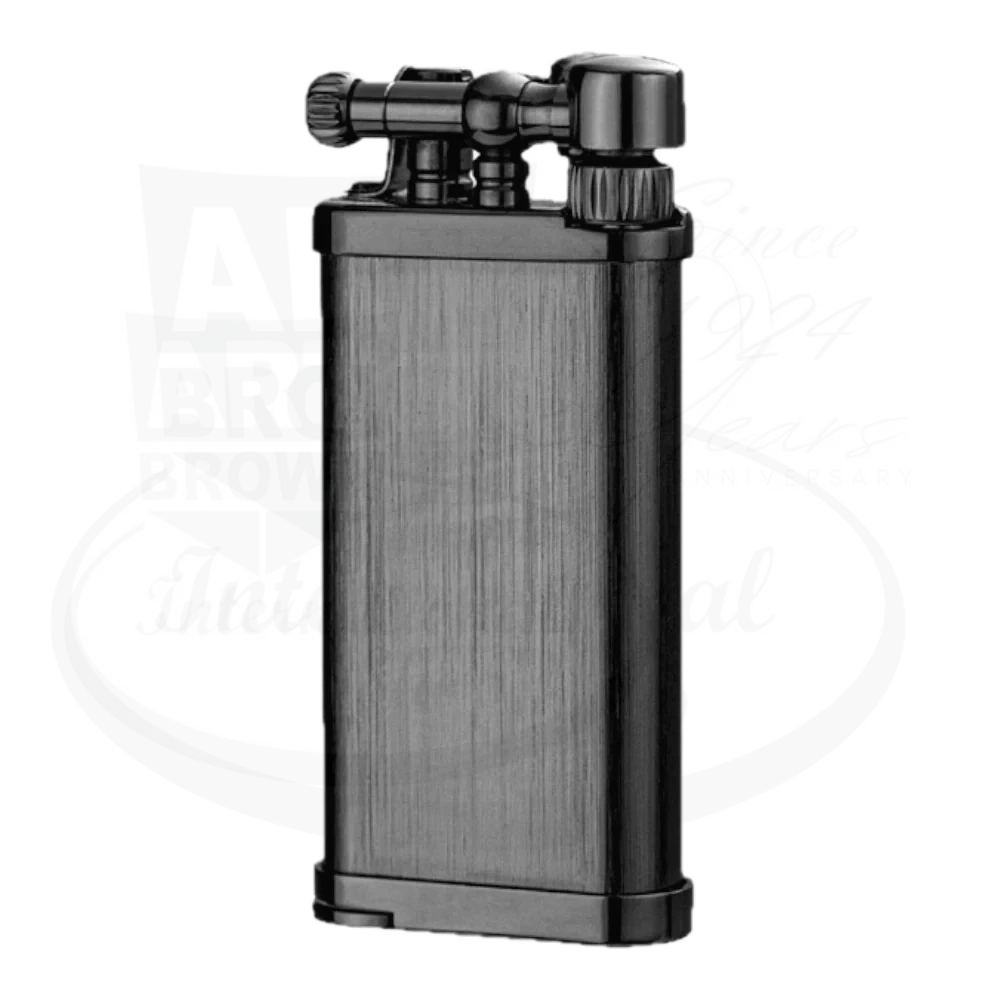 IM Corona Old Boy 64 chrome-plated pipe lighter with brushed hairline finish, featuring integrated tamper tool and 90-degree soft flame design, black metal body