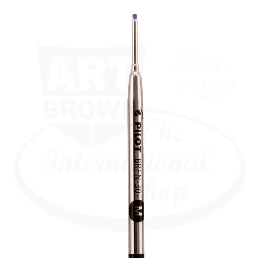 Pilot BRFN-30 metal ballpoint refill in silver with black ink, medium point, featuring blue tip cap and Acro hybrid ink technology