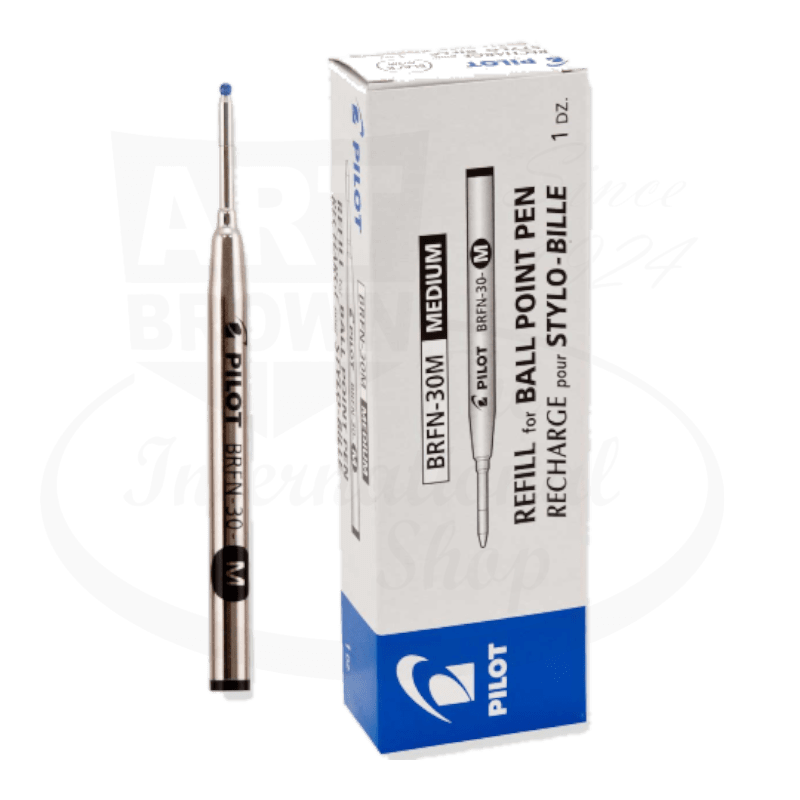 Pilot BRFN-30M metal ballpoint refill in black with medium point, featuring Acro hybrid ink, displayed alongside retail packaging