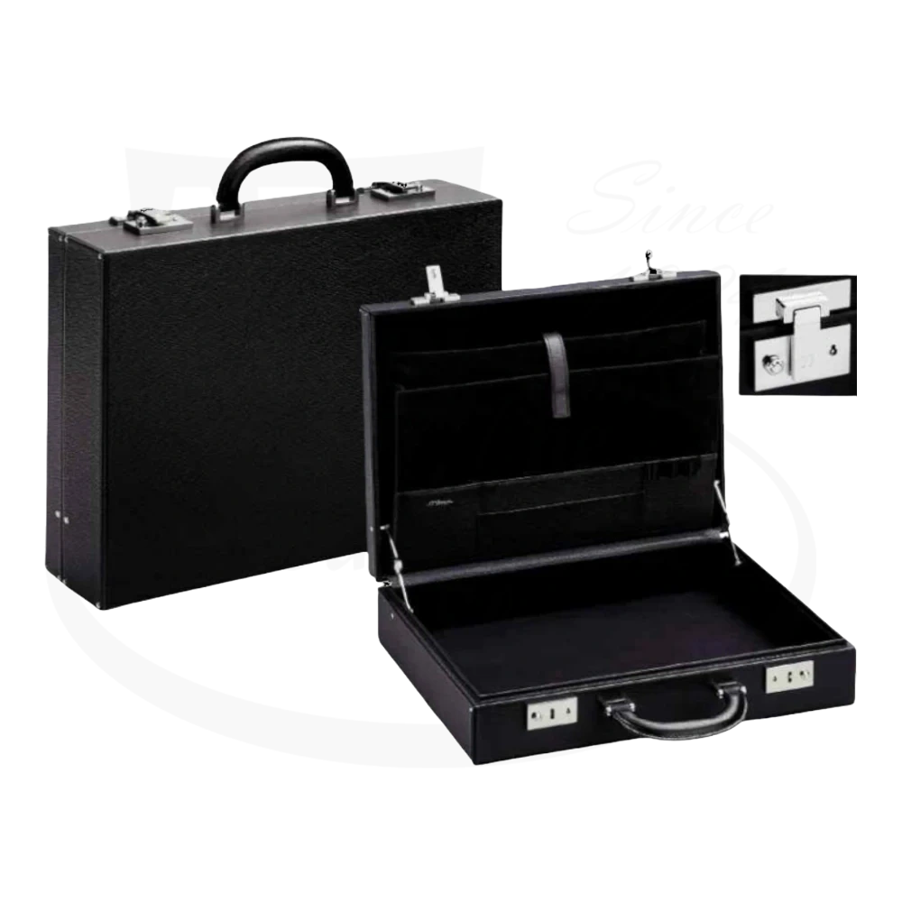 S.T. Dupont Contraste 74515 black leather diplomat briefcase with silver hardware, expandable design and interior compartments, shown closed and open