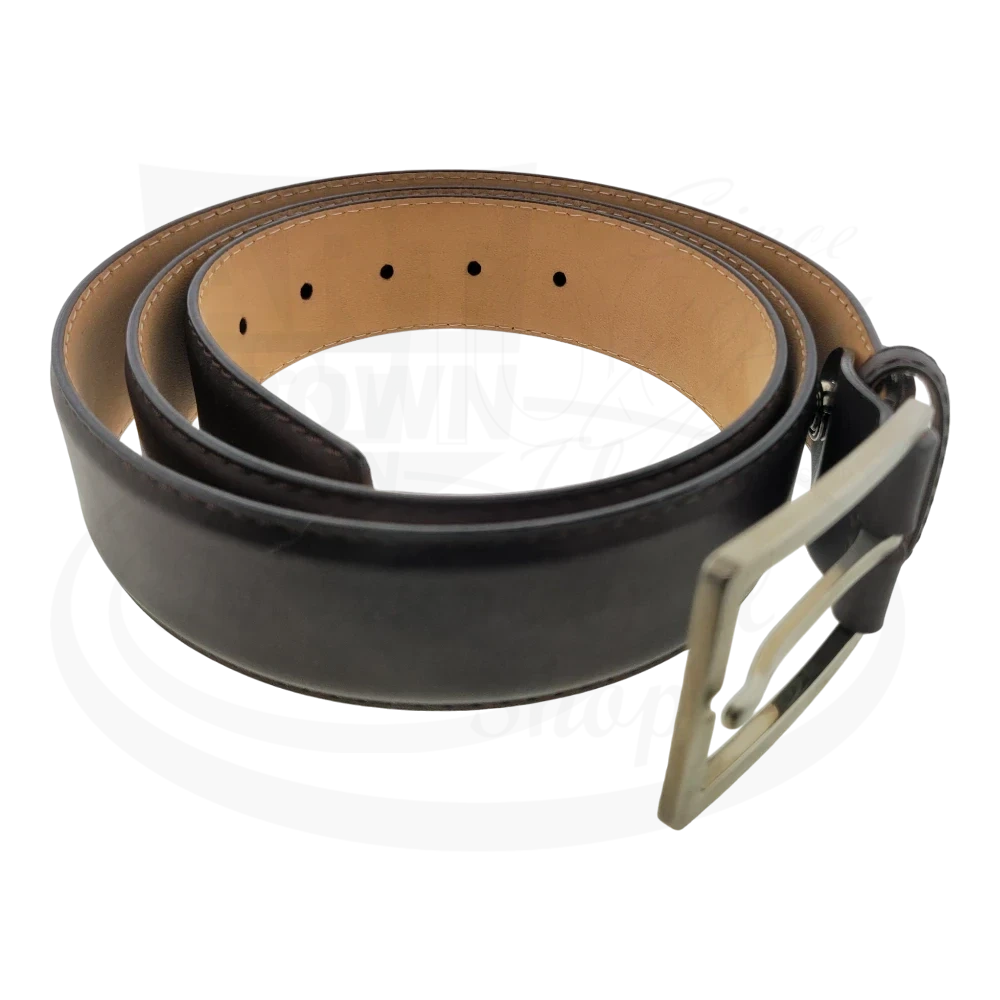 S.T. Dupont Palatine Belt 7850000 in brown leather with silver rectangular buckle and stitched edges