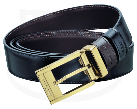 S.T. Dupont Line D 7910120 leather reversible belt black-brown with gold-tone buckle, 30mm width, featuring contrast stitching and brand embossed design