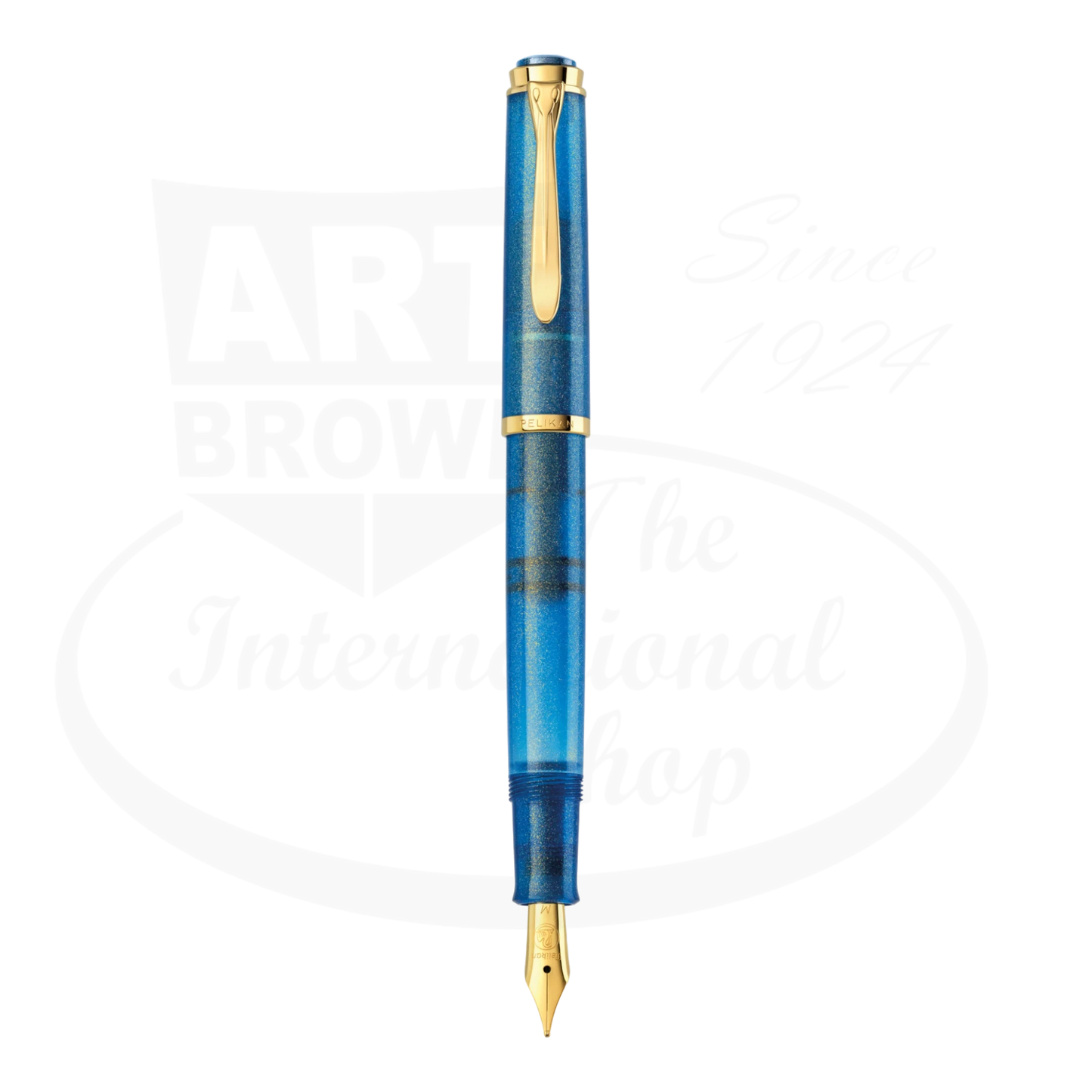 Pelikan M200 826082 fountain pen featuring lapis blue resin barrel with gold-plated trim, medium nib, and piston-fill mechanism displayed against white background