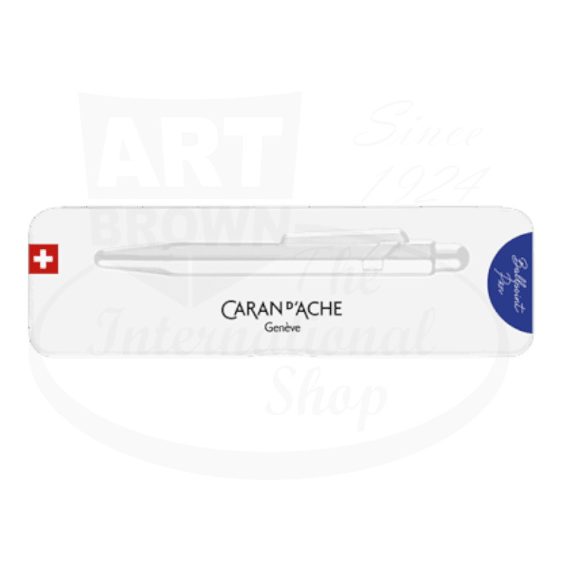 Caran d'Ache 849 Colormat-X metal ballpoint pen in blue, displayed in white branded packaging with Swiss flag emblem and navy blue accent