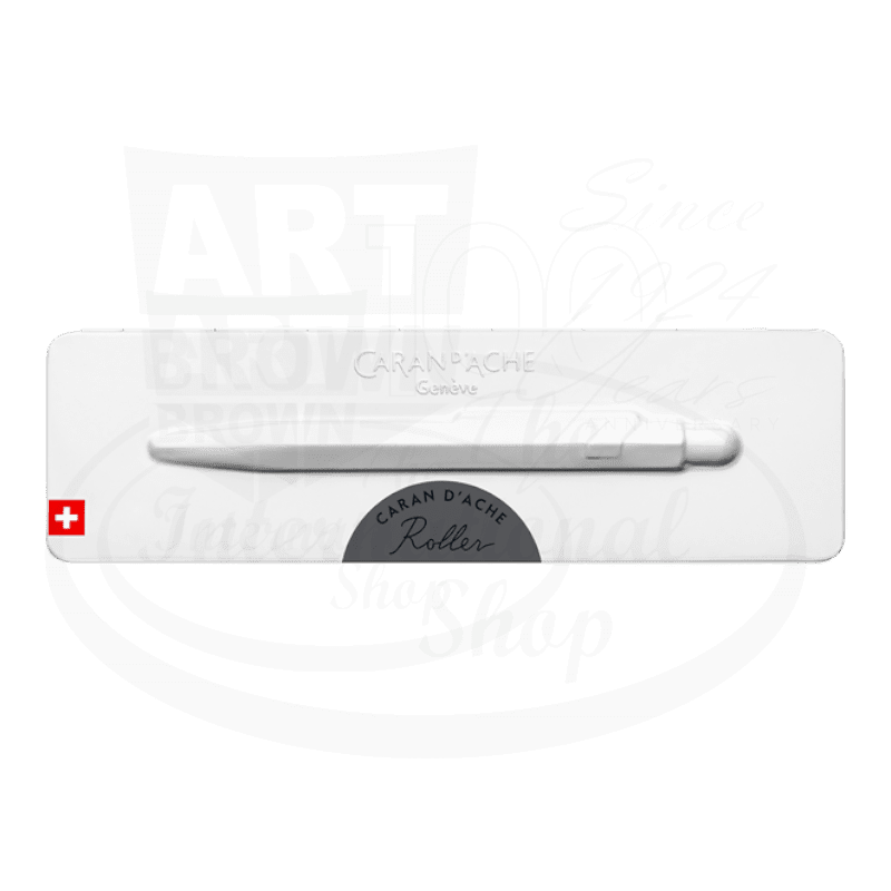 Sleek grey metal rollerball pen displayed in a white case with subtle branding accents.