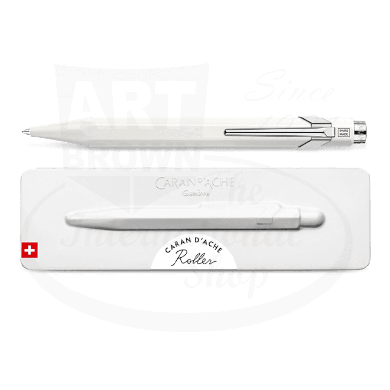 Caran D'Ache 849 Metal Rollerball Pen White, metal hexagonal body, sleek retractable design, smooth writing experience